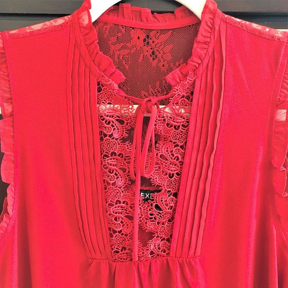 Vivid Red Lace Bib-Front Flowy & Drapey Blouse XS - Picture 6 of 16